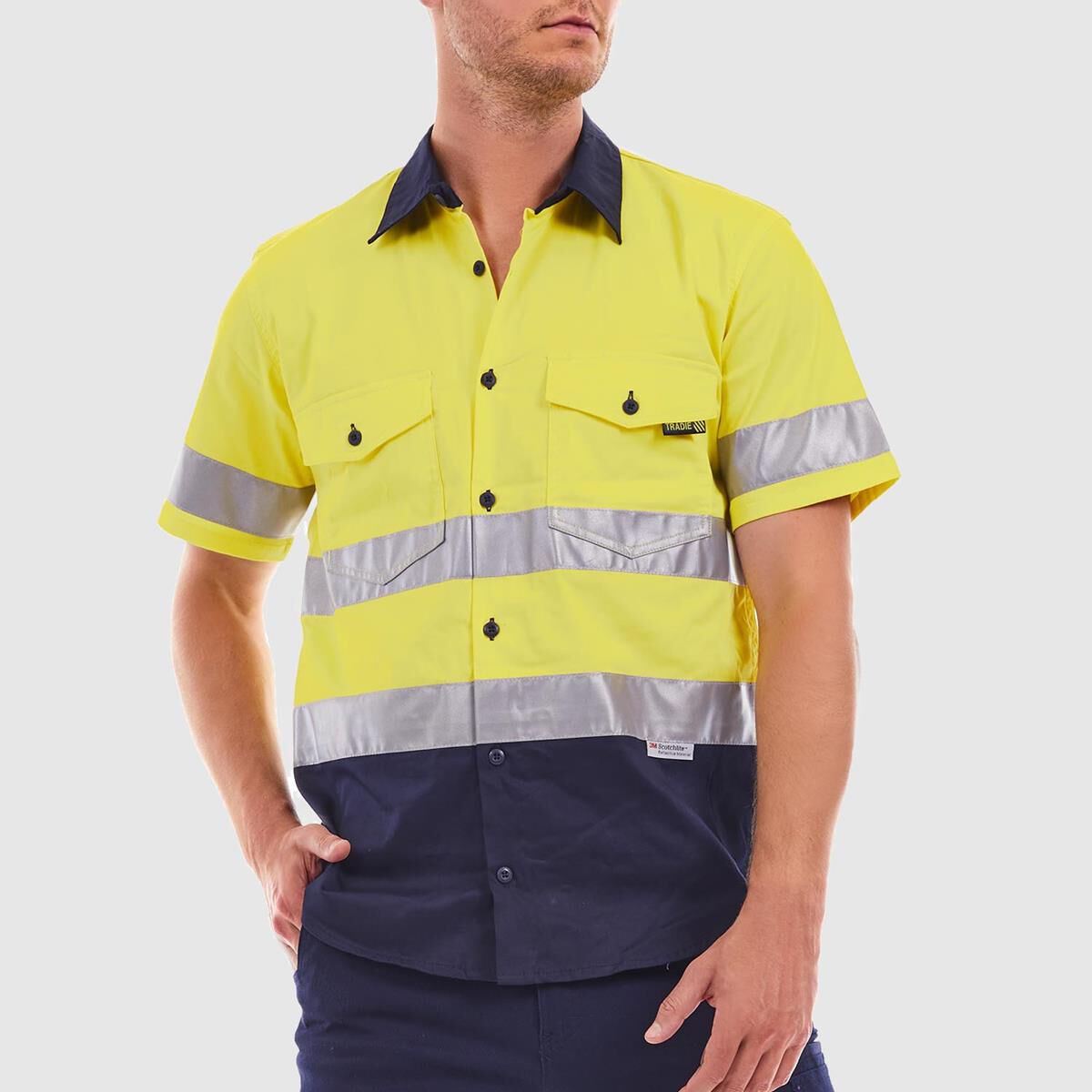 TRADIE FLEX SHORT SLEEVE REFLECTIVE SHIRT HI VIS YELLOW/NAVY S, , scaau_hi-res