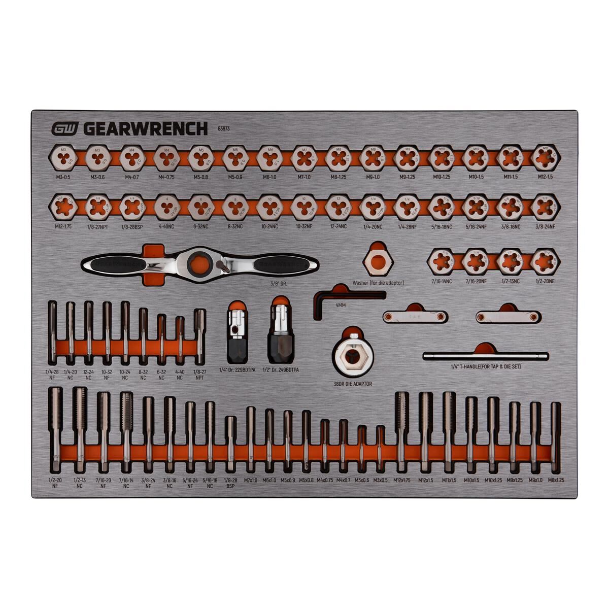 77 PIECE TAP & DIE SAE/METRIC EVA TRAY SET, , scaau_hi-res