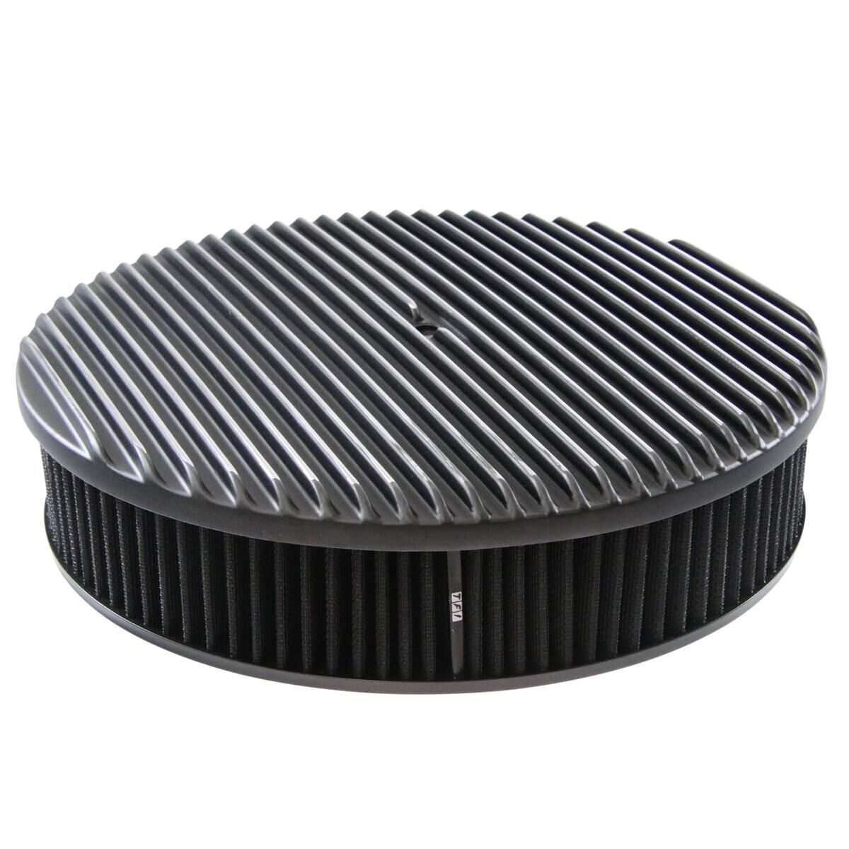 Air Cleaner 14 x 3 Round Black Polished Aluminium Full Finned Black Element, , scaau_hi-res