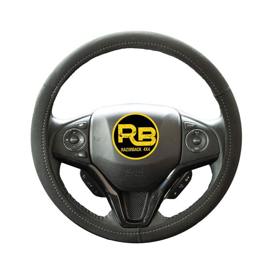 UNIVERSAL STEERING WHEEL COVER (PLAIN) NEOPRENE - BLACK WITH CHARCOAL STITCHING, , scaau_hi-res