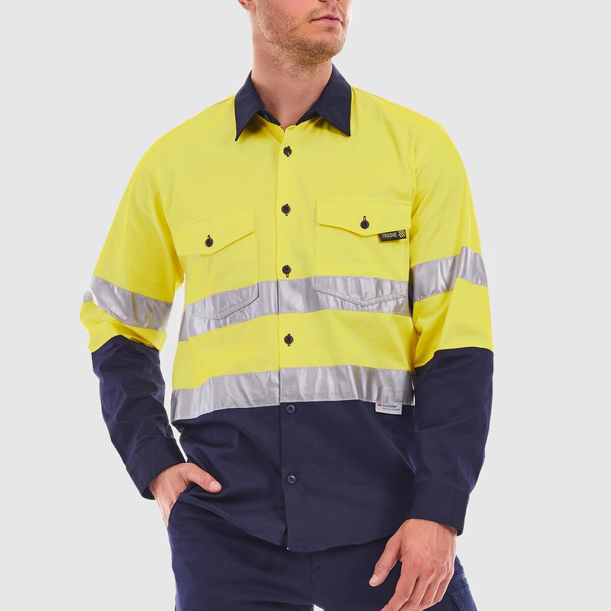 TRADIE LONG SLEEVE REFLECTIVE SHIRT HI VIS YELLOW/NAVY XL, , scaau_hi-res