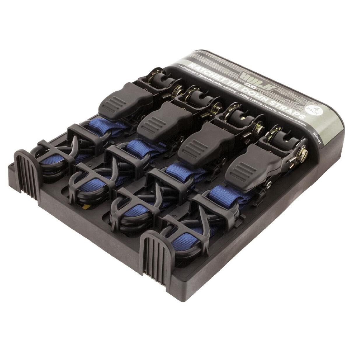 PKT 4 RATCHET TIE DOWN 4.5m 270kg LASHING 25mm BLUE, , scaau_hi-res