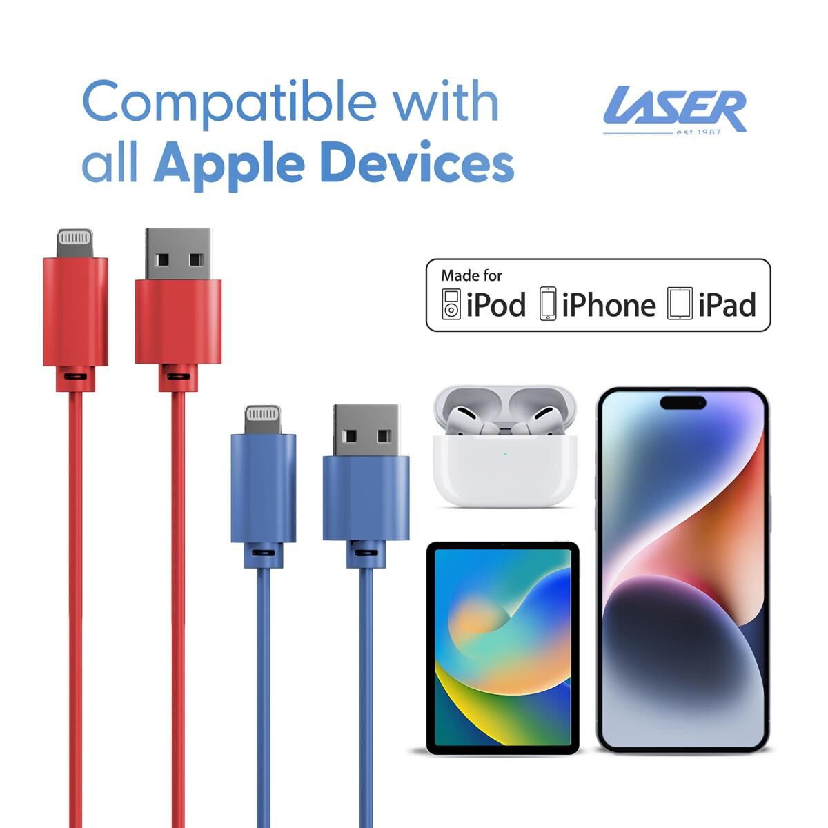 LASER MFI LIGHTNING CABLE 2 PACK &ndash; RED/BLUE, 2M, FAST CHARGE & SYNC, , scaau_hi-res
