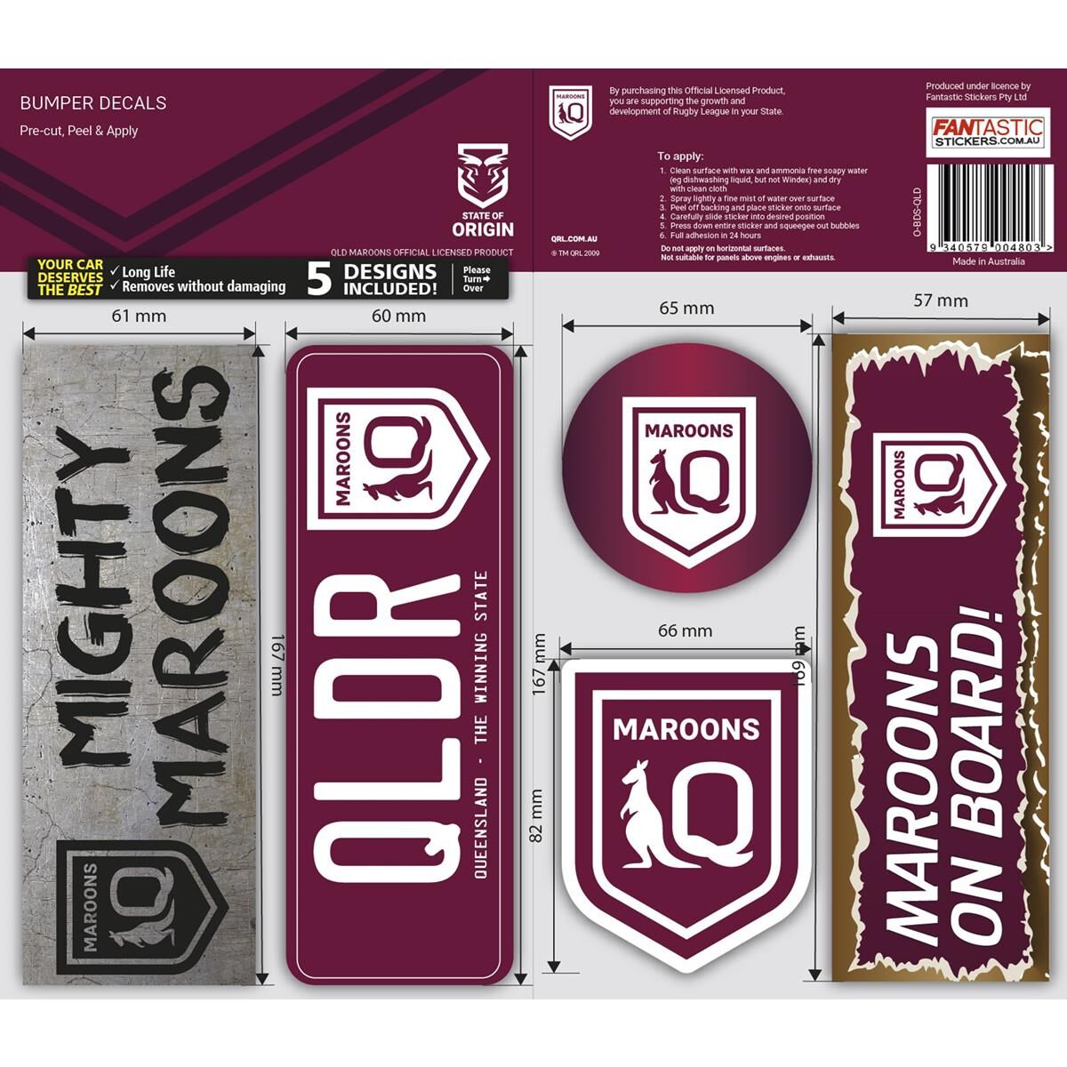 STATE OF ORIGIN: QLD BUMPER DECALS SHEET - SET OF 5, , scaau_hi-res