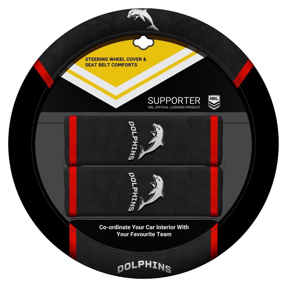 NRL STEERING WHEEL COVER AND SEAT BELT BUDDIES - REDCLIFFE DOLPHINS, 380MM DIAMETER - ACNRL-DOL, , scaau_hi-res