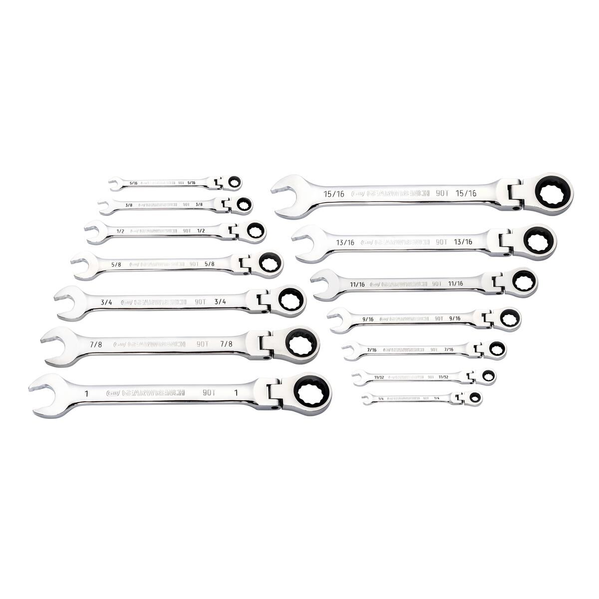 14 PIECE 90-TOOTH 12 POINT FLEX HEAD RATCHETING COMBINATION SAE WRENCH SET, , scaau_hi-res
