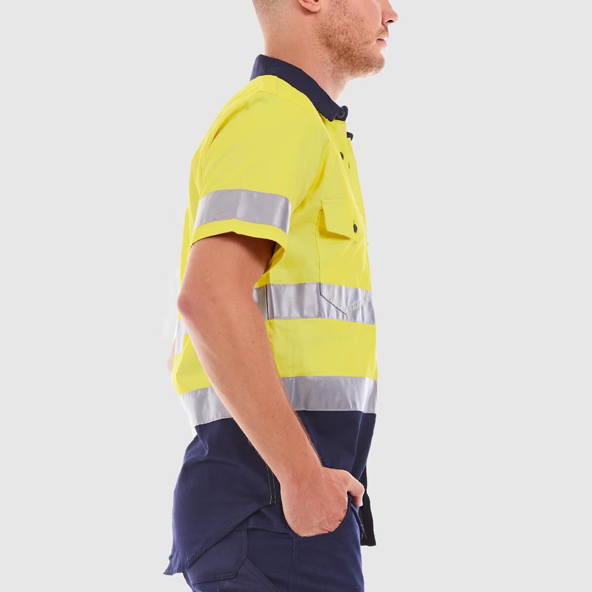 TRADIE FLEX SHORT SLEEVE REFLECTIVE SHIRT HI VIS YELLOW/NAVY XL, , scaau_hi-res