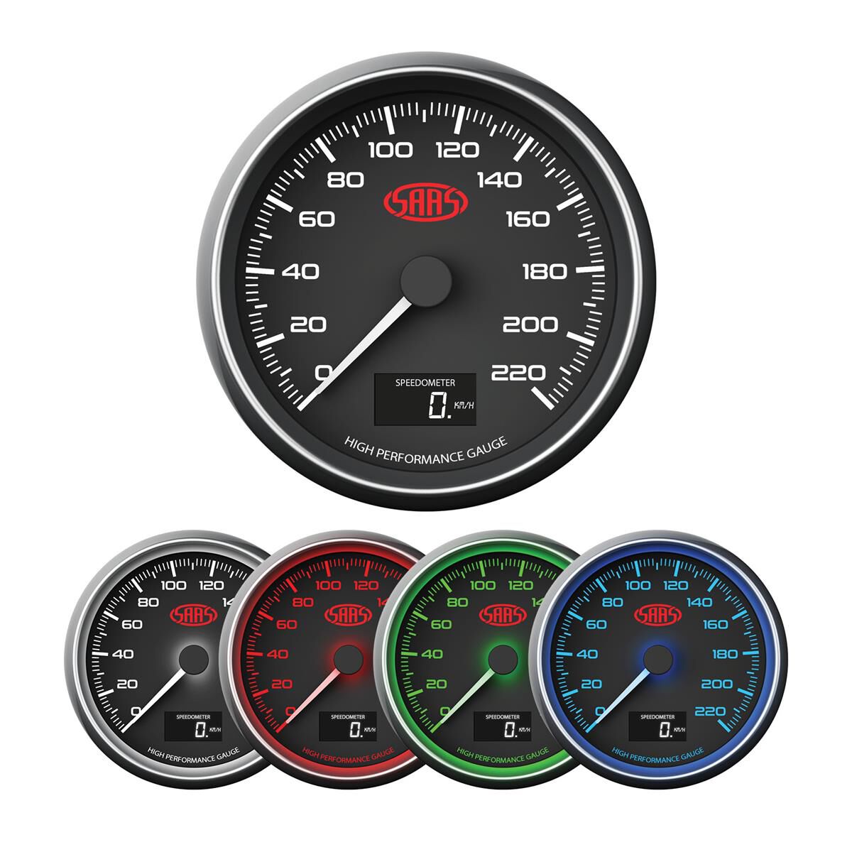 SAAS SPEEDOMETER 0 - 220 KPH 3 1/2 INDASH  BLACK MUSCLE SERIES, , scaau_hi-res