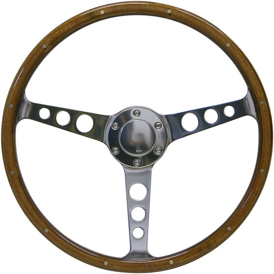 Steering Wheel Wood 15" Classic Polished Alloy Holes + Rivet, , scaau_hi-res