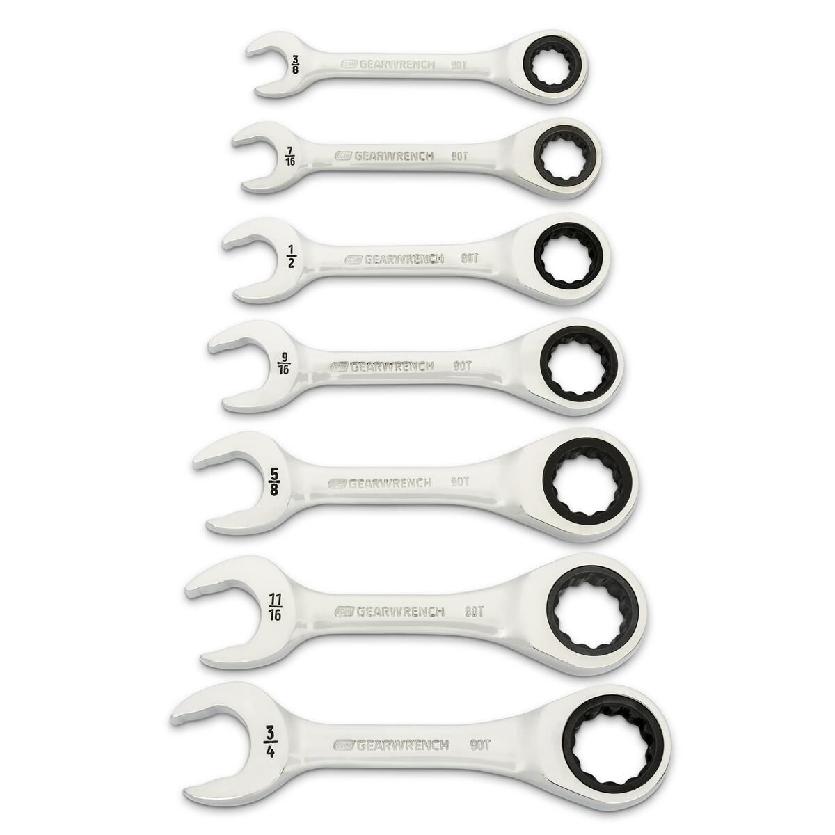7 PIECE 90-TOOTH 12 POINT SAE STUBBY RATCHETING COMBINATION WRENCH SET, , scaau_hi-res