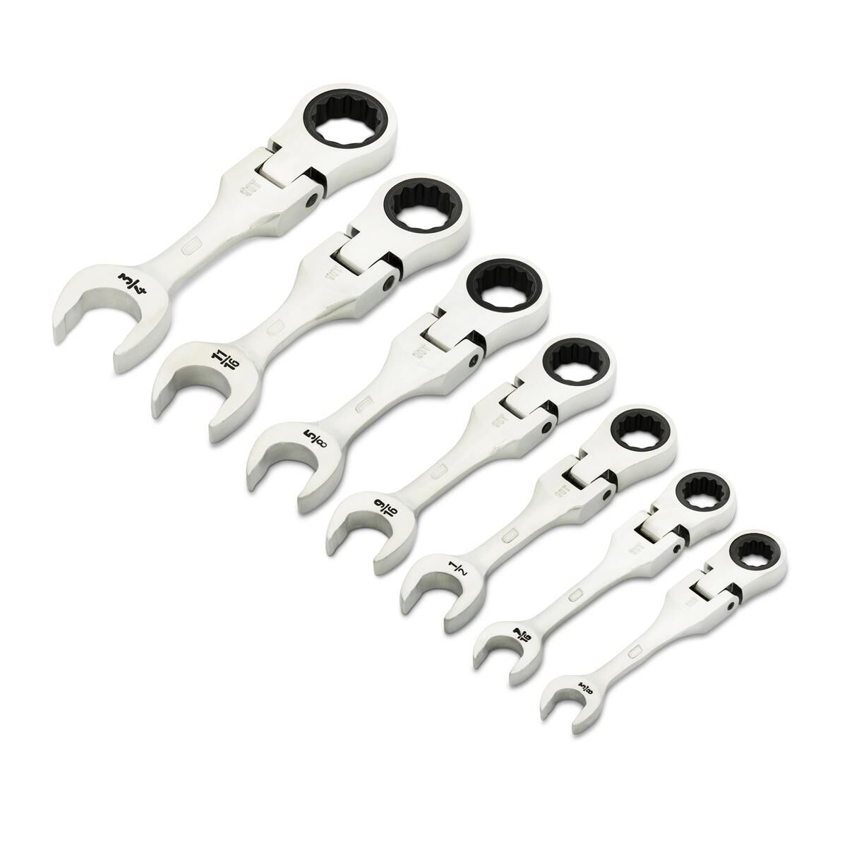 7 PIECE 90-TOOTH 12 POINT SAE STUBBY FLEX RATCHETING COMBINATION WRENCH SET, , scaau_hi-res