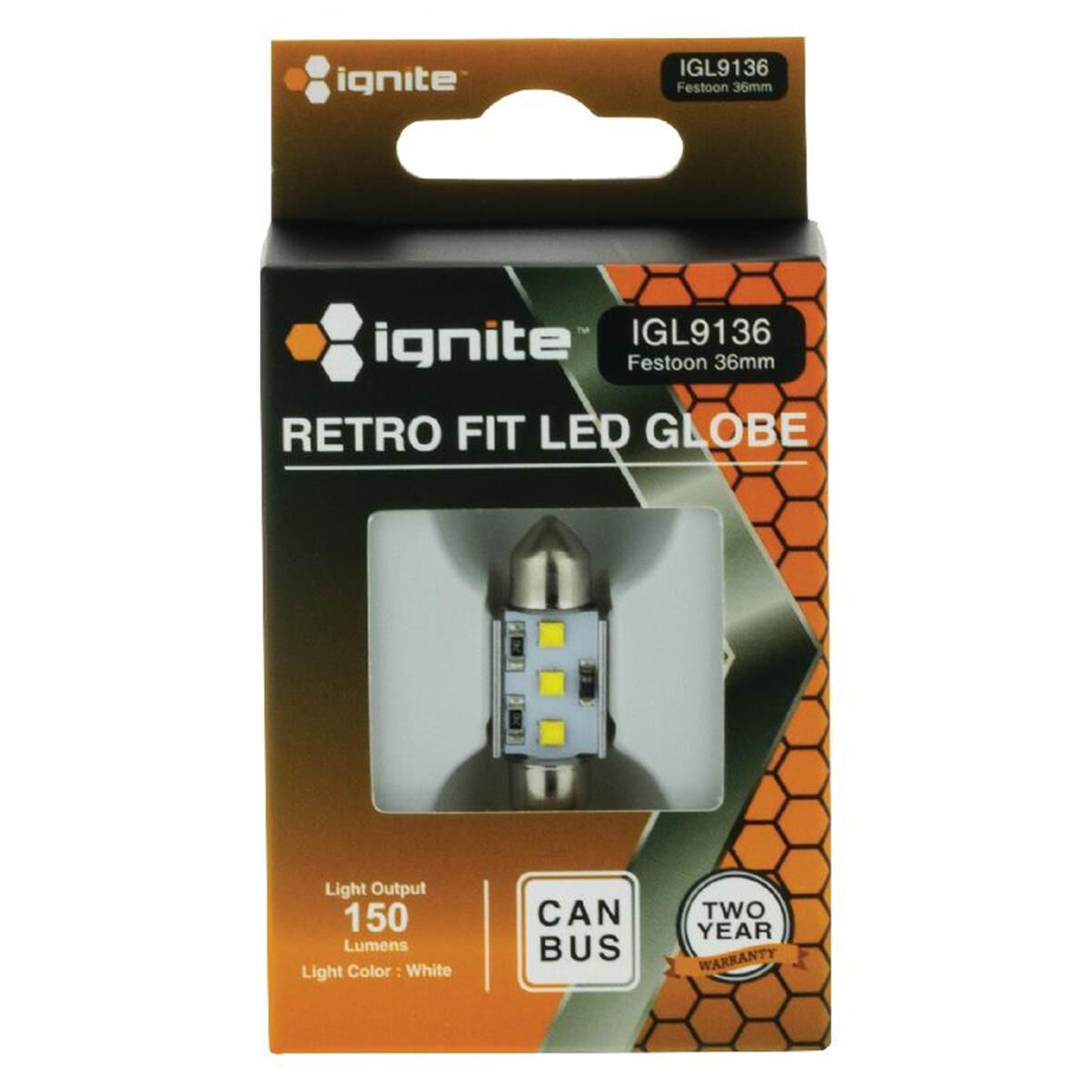 PKT 1 LED SIGNALLING GLOBE12v 36mm FESTOON WHITE CANBUS220 LUMENS, , scaau_hi-res