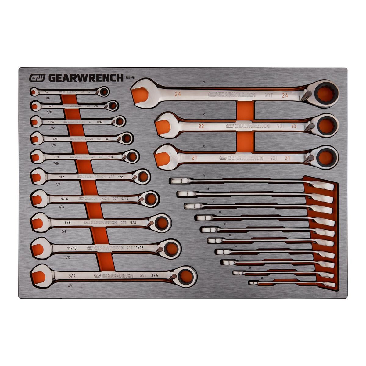 23 PIECE 90T REVERSIBLE RATCHETING WRENCH SAE/METRIC EVA TRAY SET, , scaau_hi-res