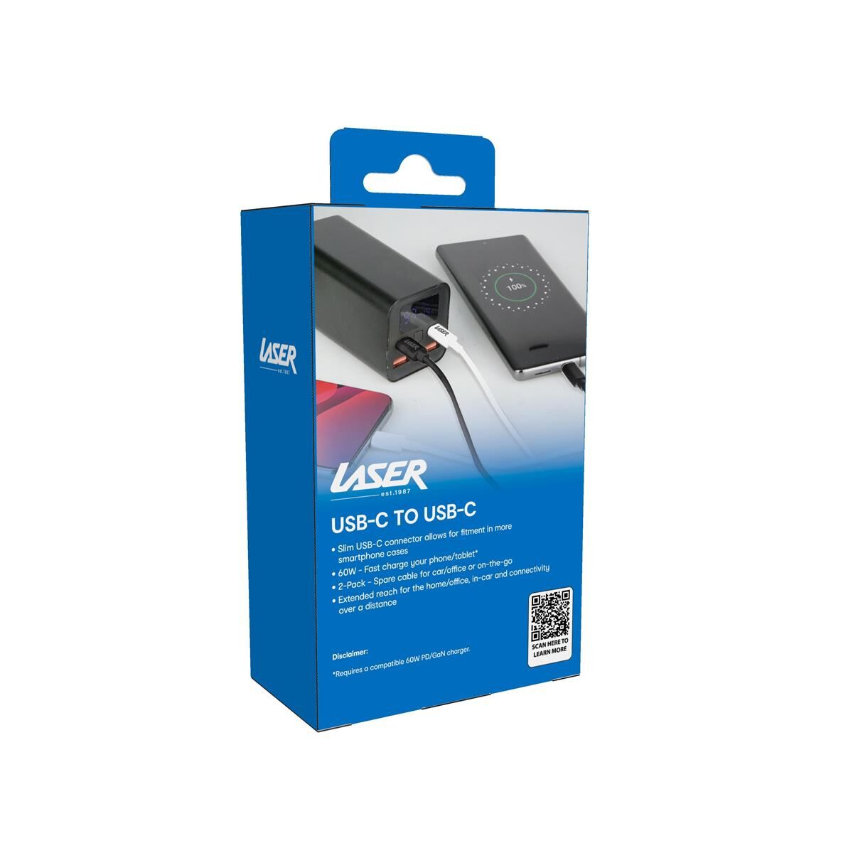 LASER 60W USB-C TO USB-C CABLE BLACK/WHITE 2 PACK 2M | FAST CHARGE & DURABLE, , scaau_hi-res