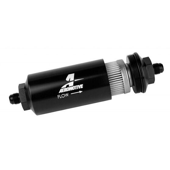 BLACK INLINE FILTER -8AN MALE 40 MIC / 2" OD STAINLESS MESH, , scaau_hi-res
