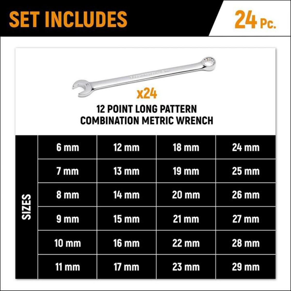 24 PIECE 12 POINT LONG PATTERN COMBINATION METRIC WRENCH SET IN FOAM STORAGE TRAY, , scaau_hi-res