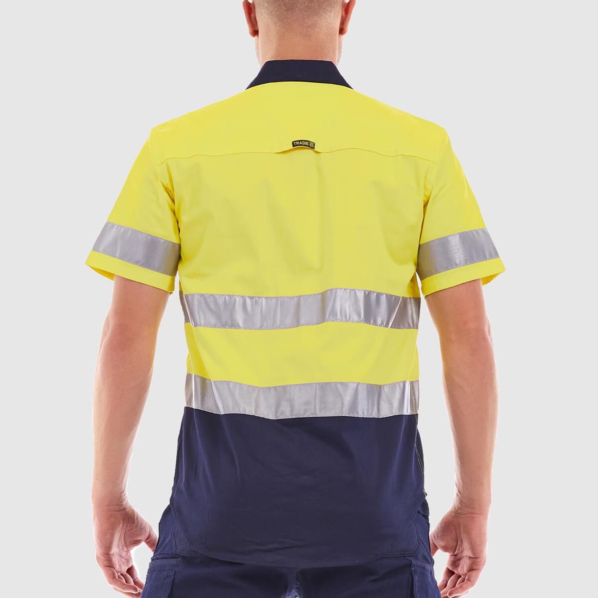 TRADIE FLEX SHORT SLEEVE REFLECTIVE SHIRT HI VIS YELLOW/NAVY XL, , scaau_hi-res