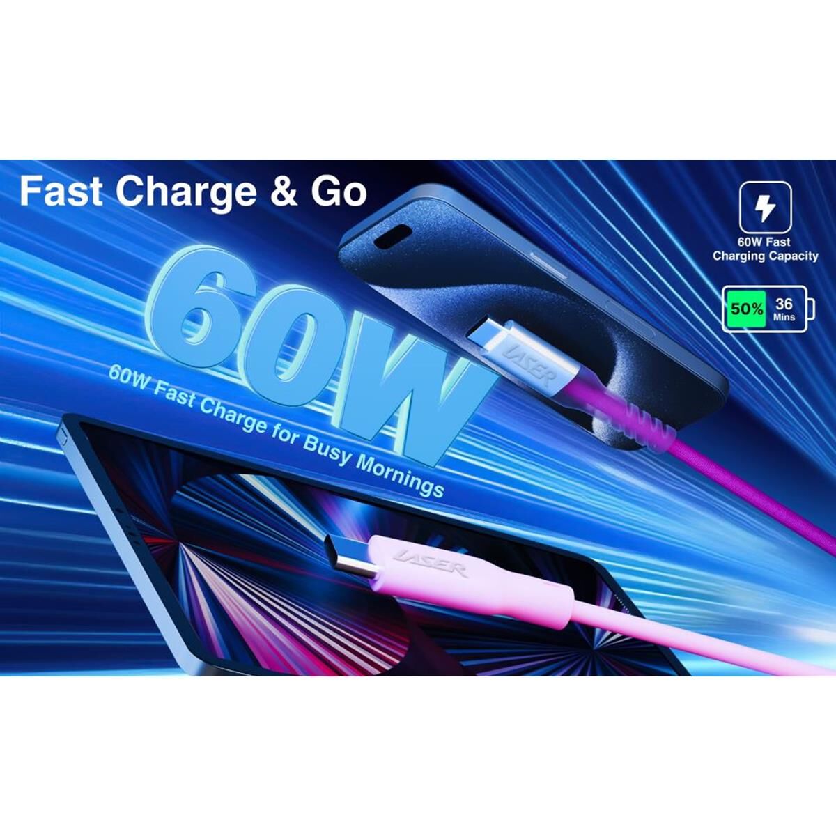 LASER 1M USB-C TO USB-C CHARGING CABLE 2 PACK &ndash; 60W FAST CHARGE, DATA SYNC, RAINBOW PINK, , scaau_hi-res