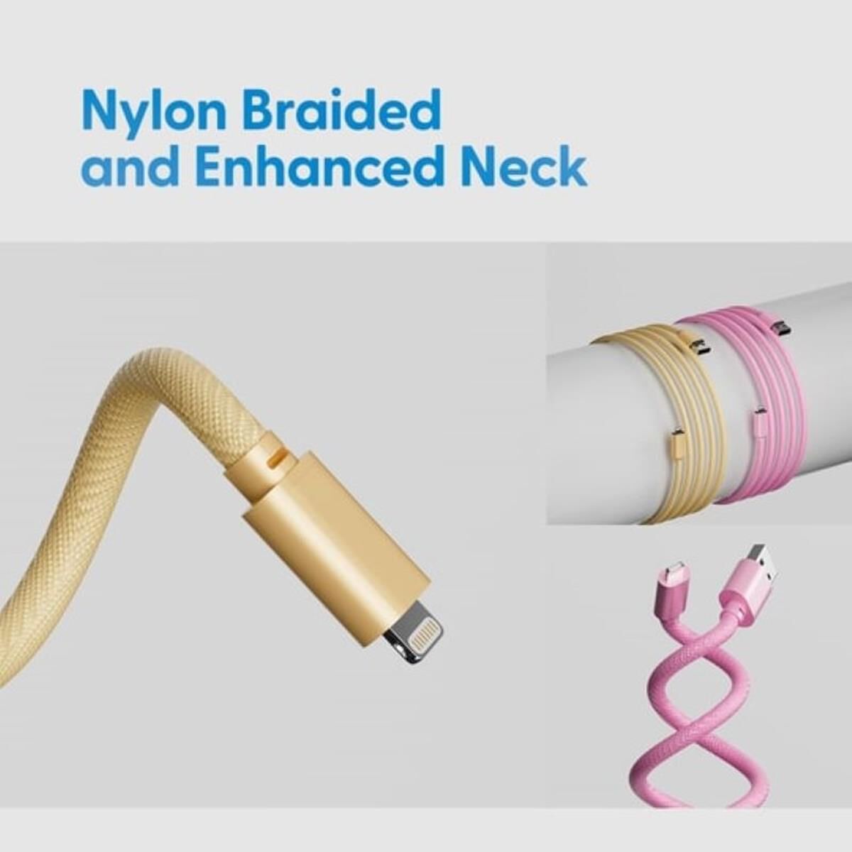 LASER MFI LIGHTNING TO USB-A CABLE 2 PACK &ndash; 2M, NYLON BRAID, GOLD/PINK, FAST CHARGE, , scaau_hi-res