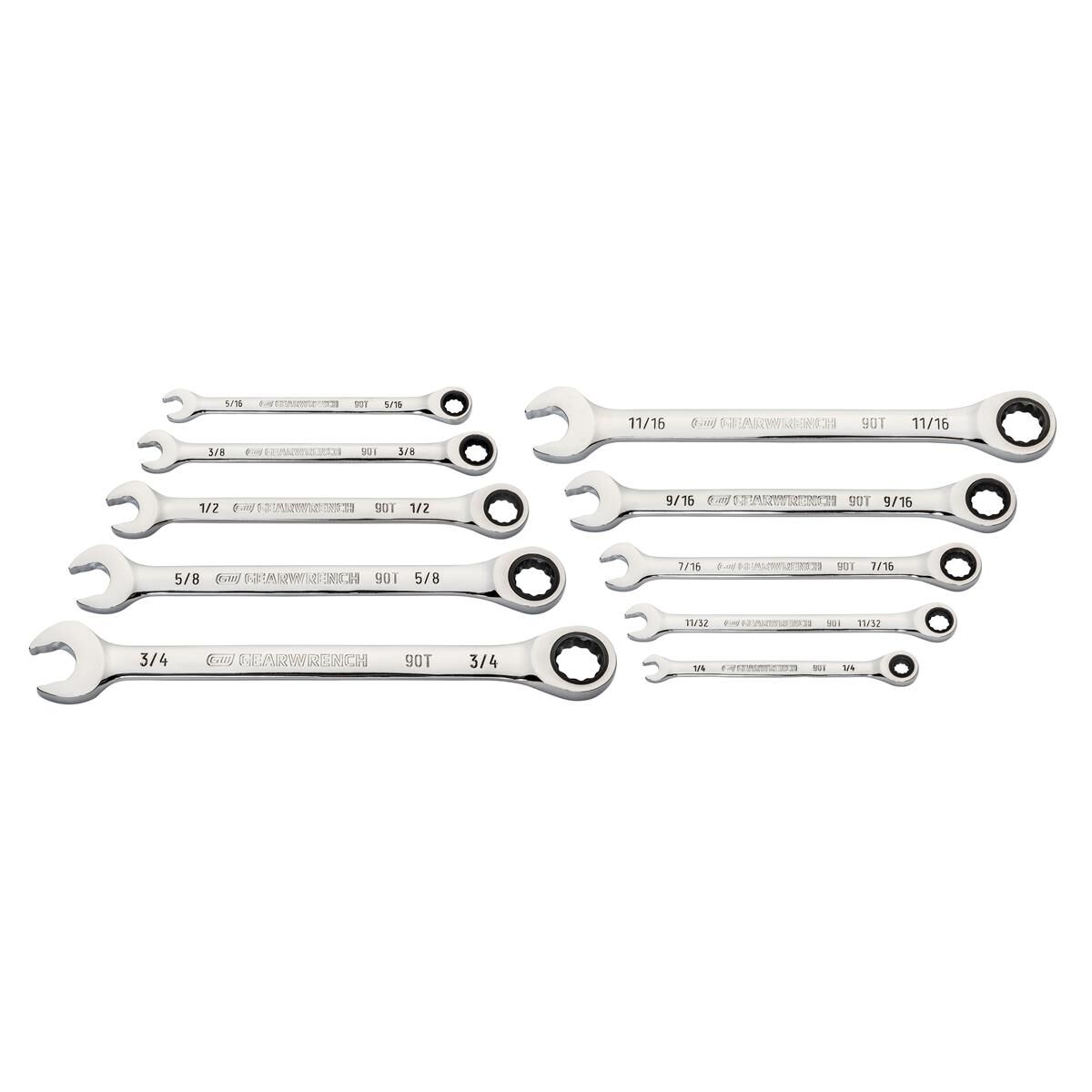 10 PIECE 90-TOOTH 12 POINT SAE COMBINATION RATCHETING WRENCH SET, , scaau_hi-res