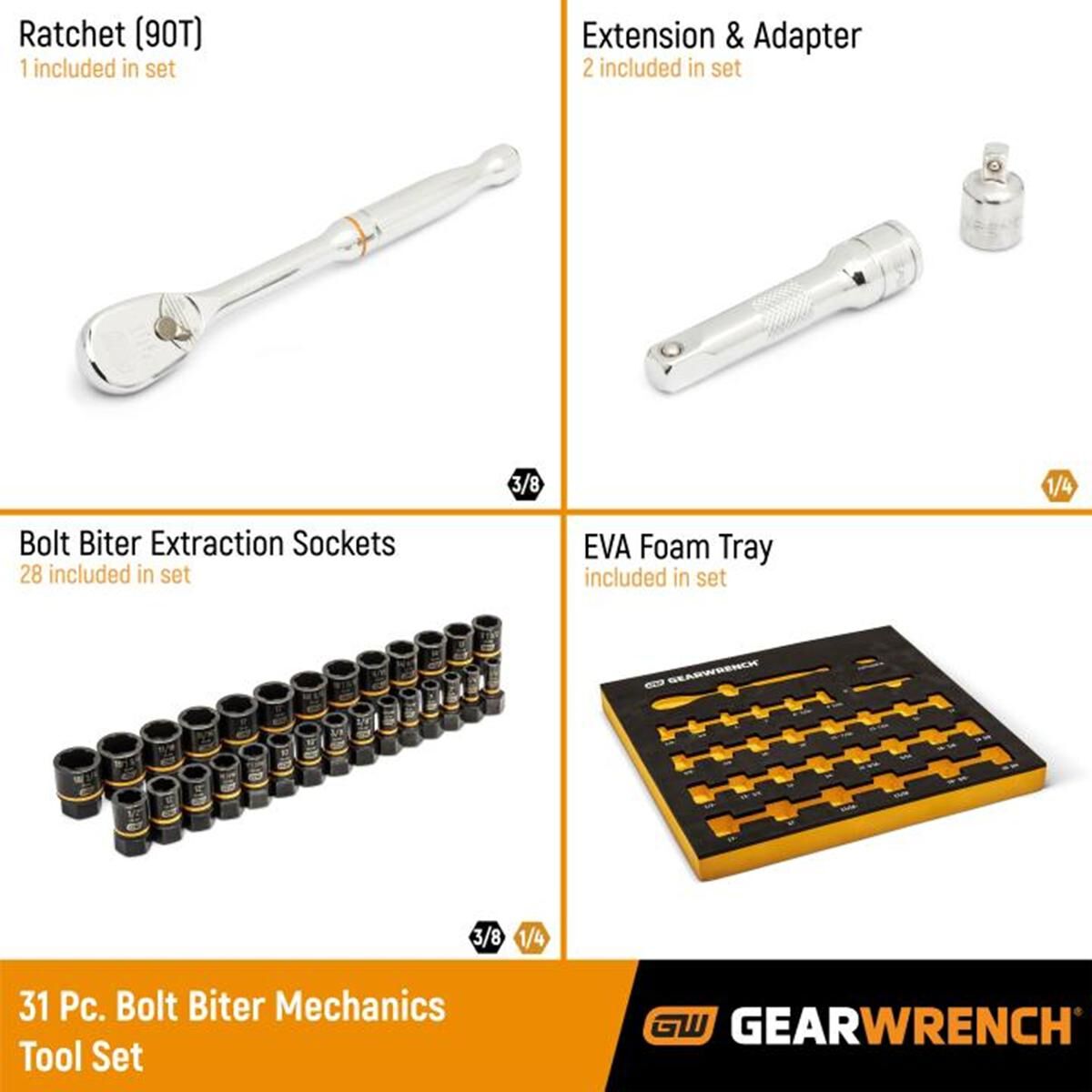 31 PIECE 3/8" DRIVE 90T RATCHET AND BOLT BITER&trade; SOCKET SET WITH FOAM STORAGE TRAY, , scaau_hi-res
