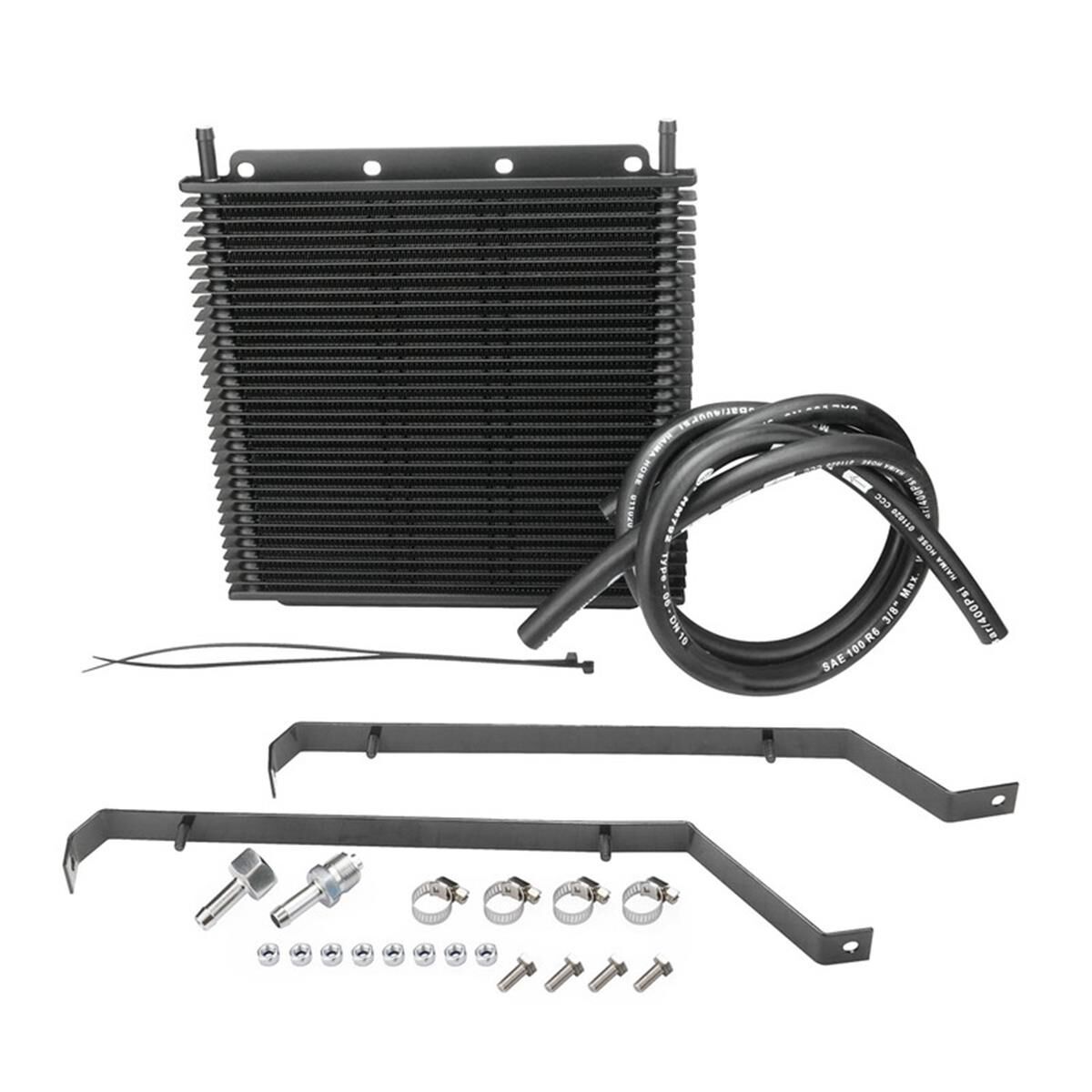 PROFLOW TRANSMISSION OIL COOLER KIT, FOR HOLDEN COMMODORE VY V6 & V8, 280 X 255 X 19MM, 3/8'' BARB, BLACK POWDERCOATED, , scaau_hi-res