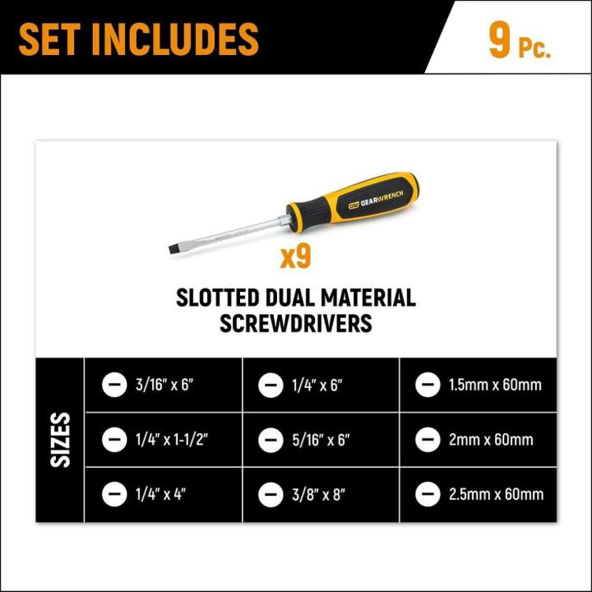 9 PIECE SLOTTED DUAL MATERIAL SCREWDRIVER SET IN FOAM STORAGE TRAY, , scaau_hi-res