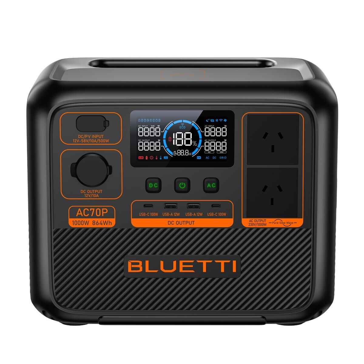 BLUETTI AC70P PORTABLE POWER STATION 1000W 864WH, , scaau_hi-res