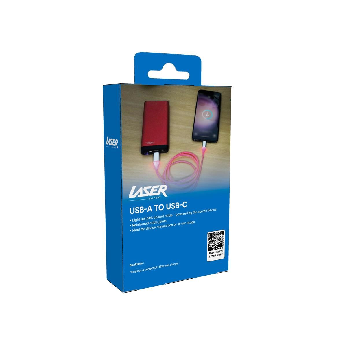 LASER USB TO TYPE-C LED CHARGE CABLE &ndash; PINK, 1M, FAST CHARGE & DURABLE DESIGN, , scaau_hi-res