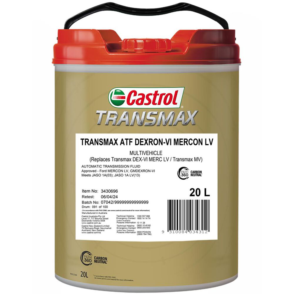 Castrol Transmax ATF Dexron-Vi Mercon Lv Multivehcile 20L - 3430696 ...