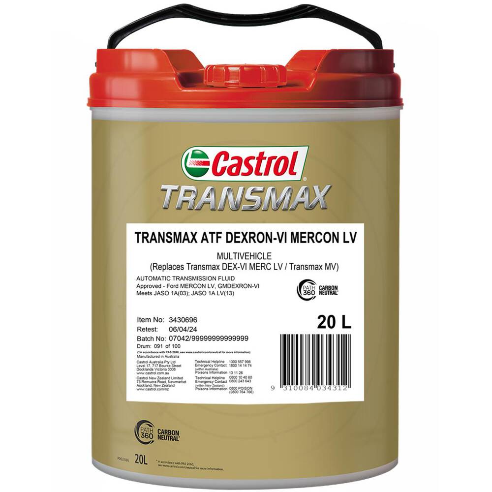 Castrol Transmax ATF Dexron-Vi Mercon Lv Multivehcile 20L - 3430696 ...