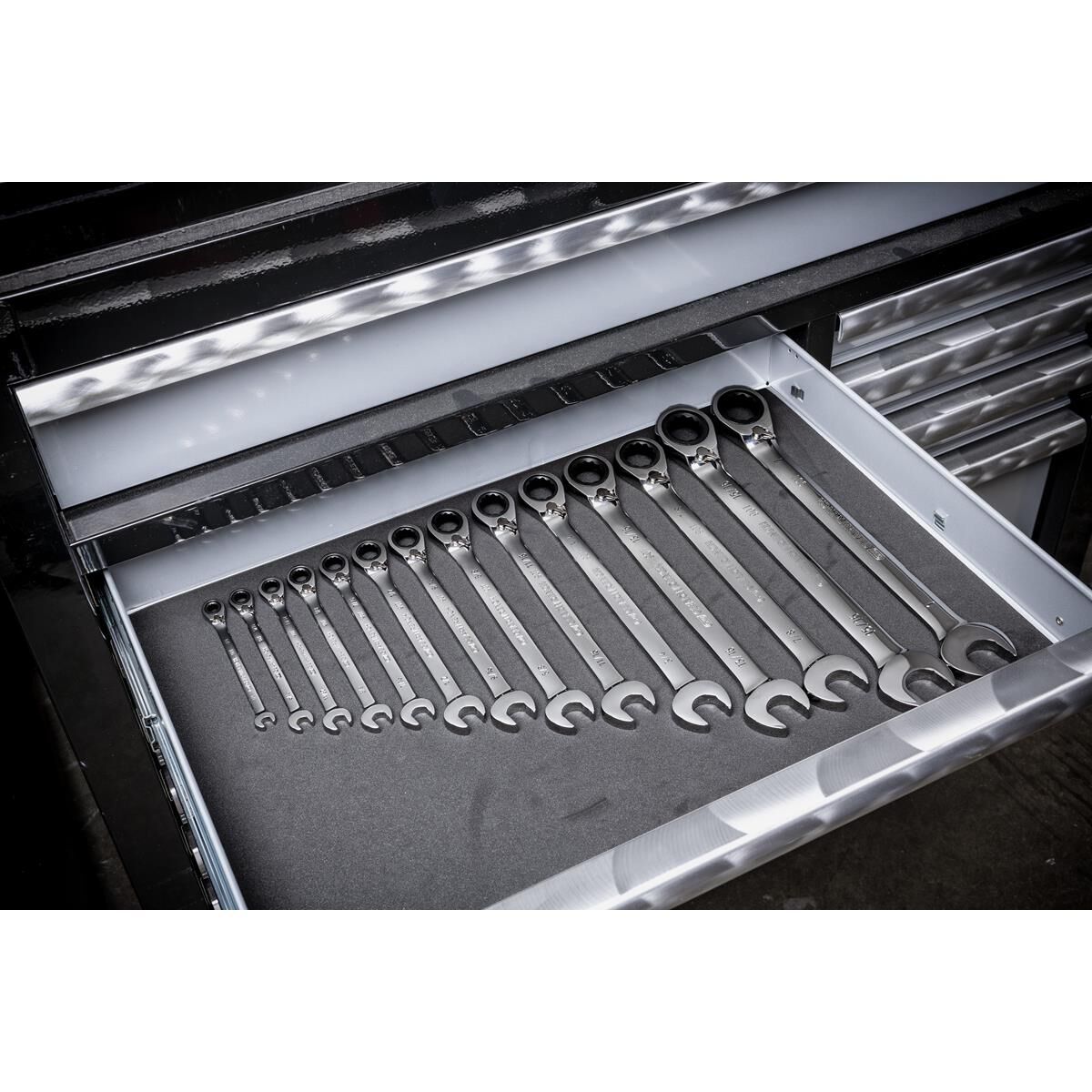 14 PIECE 90-TOOTH 12 POINT SAE REVERSIBLE RATCHETING WRENCH SET, , scaau_hi-res