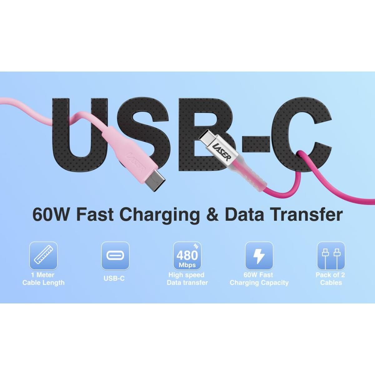 LASER 1M USB-C TO USB-C CHARGING CABLE 2 PACK &ndash; 60W FAST CHARGE, DATA SYNC, RAINBOW PINK, , scaau_hi-res
