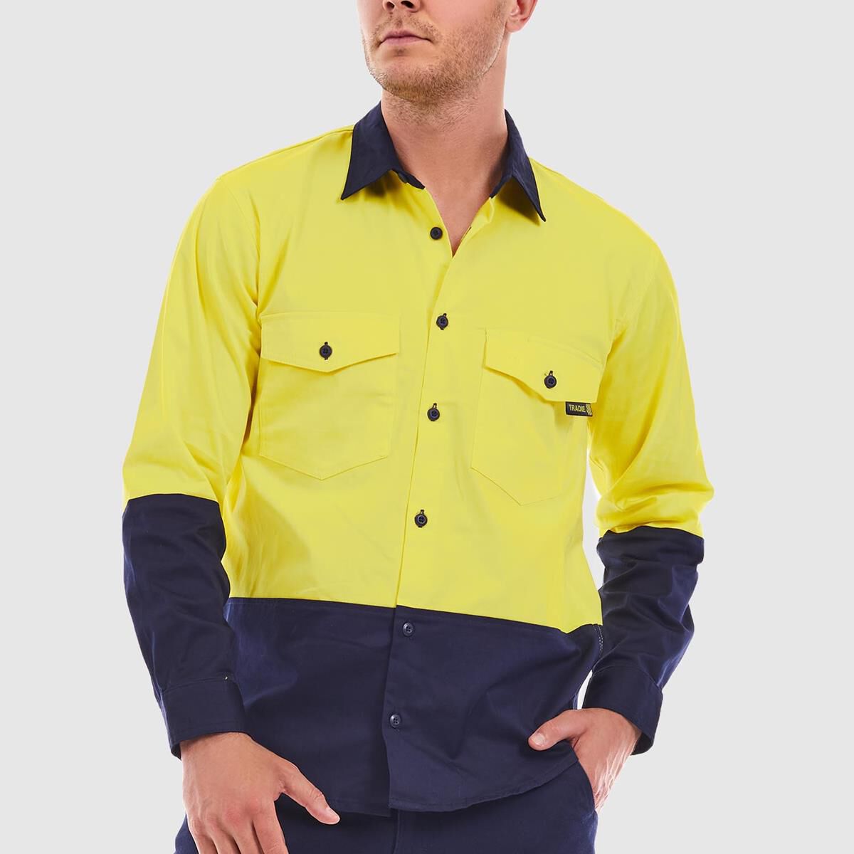 TRADIE FLEX LONG SLEEVE SHIRT HI VIS YELLOW/NAVY 3XL, , scaau_hi-res