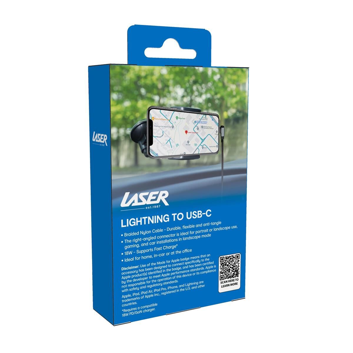 LASER 18W RIGHT ANGLE LIGHTNING TO USB-C BRAIDED CABLE &ndash; 1M, FAST CHARGE & DURABLE DESIGN, , scaau_hi-res