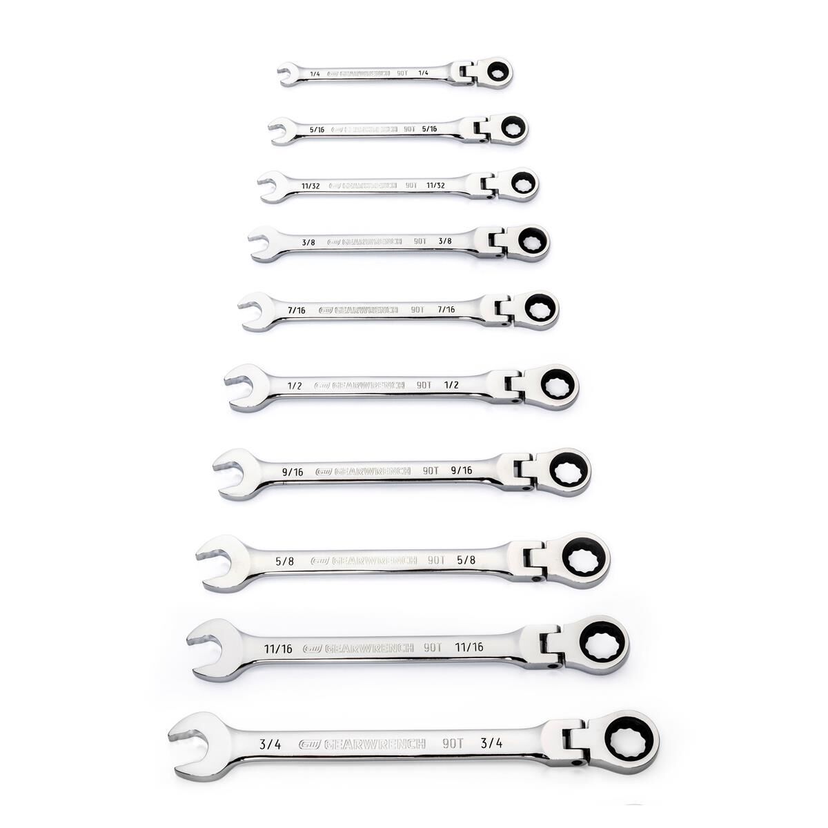 10 PIECE 90-TOOTH 12 POINT FLEX HEAD RATCHETING COMBINATION SAE WRENCH SET, , scaau_hi-res