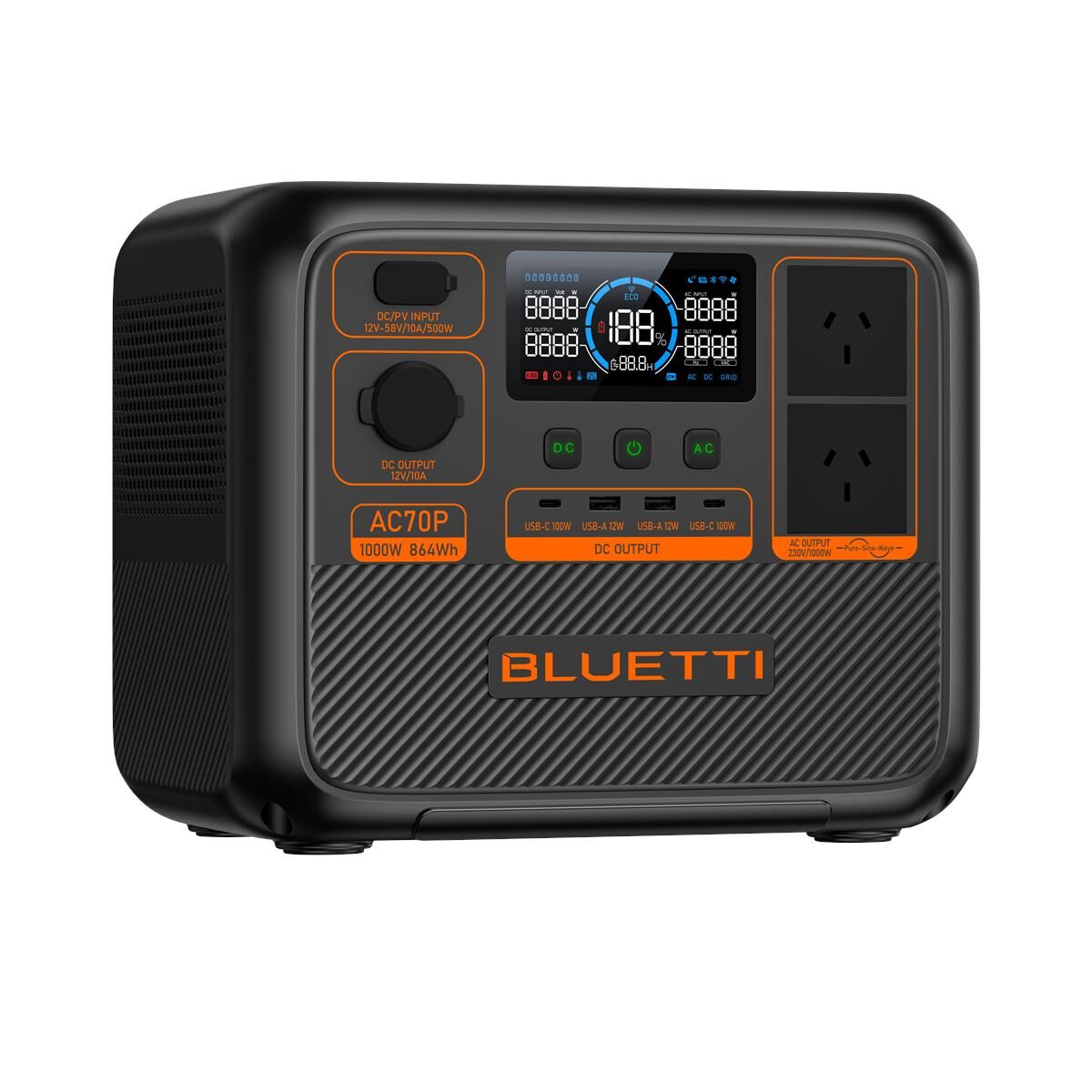 BLUETTI AC70P PORTABLE POWER STATION 1000W 864WH, , scaau_hi-res
