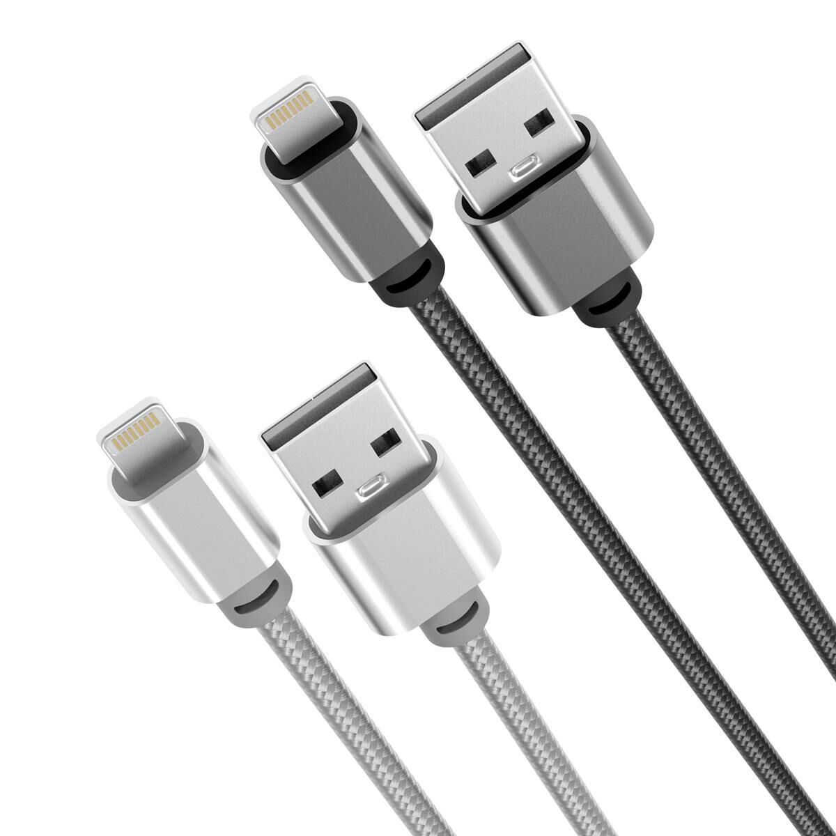 LASER MFI LIGHTNING TO USB-A CABLE 2 PACK &ndash; 2M, NYLON BRAIDED, FAST CHARGE, SILVER/BLACK, , scaau_hi-res