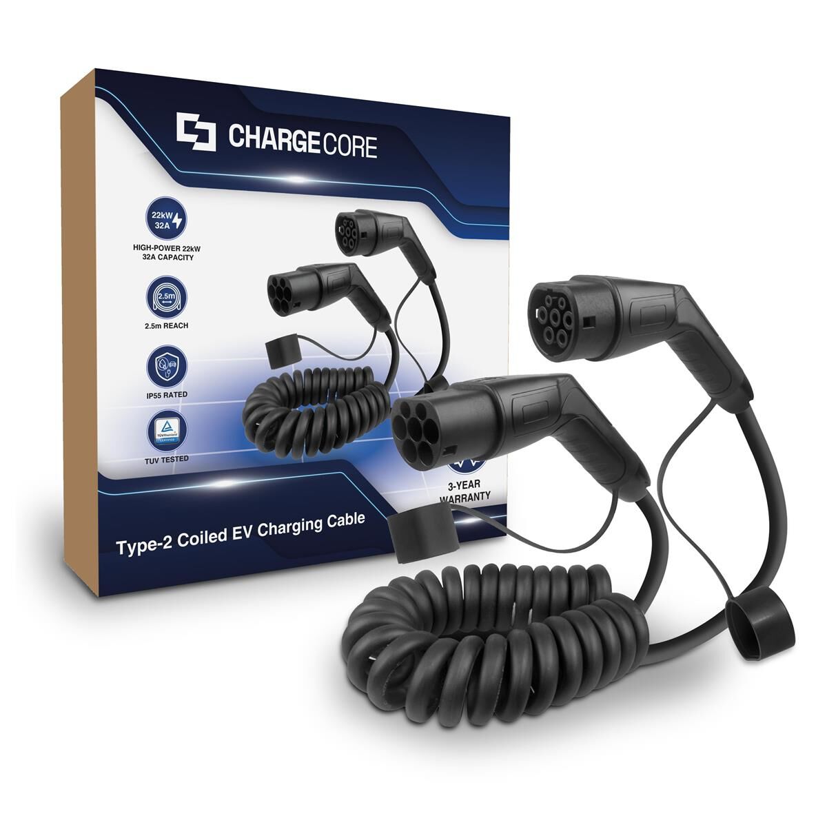 LASER 2.5M TYPE 2 TO TYPE 2 EV CHARGING CABLE &ndash; 22KW, 32A, IP55, COILED DESIGN, FAST CHARGE, , scaau_hi-res