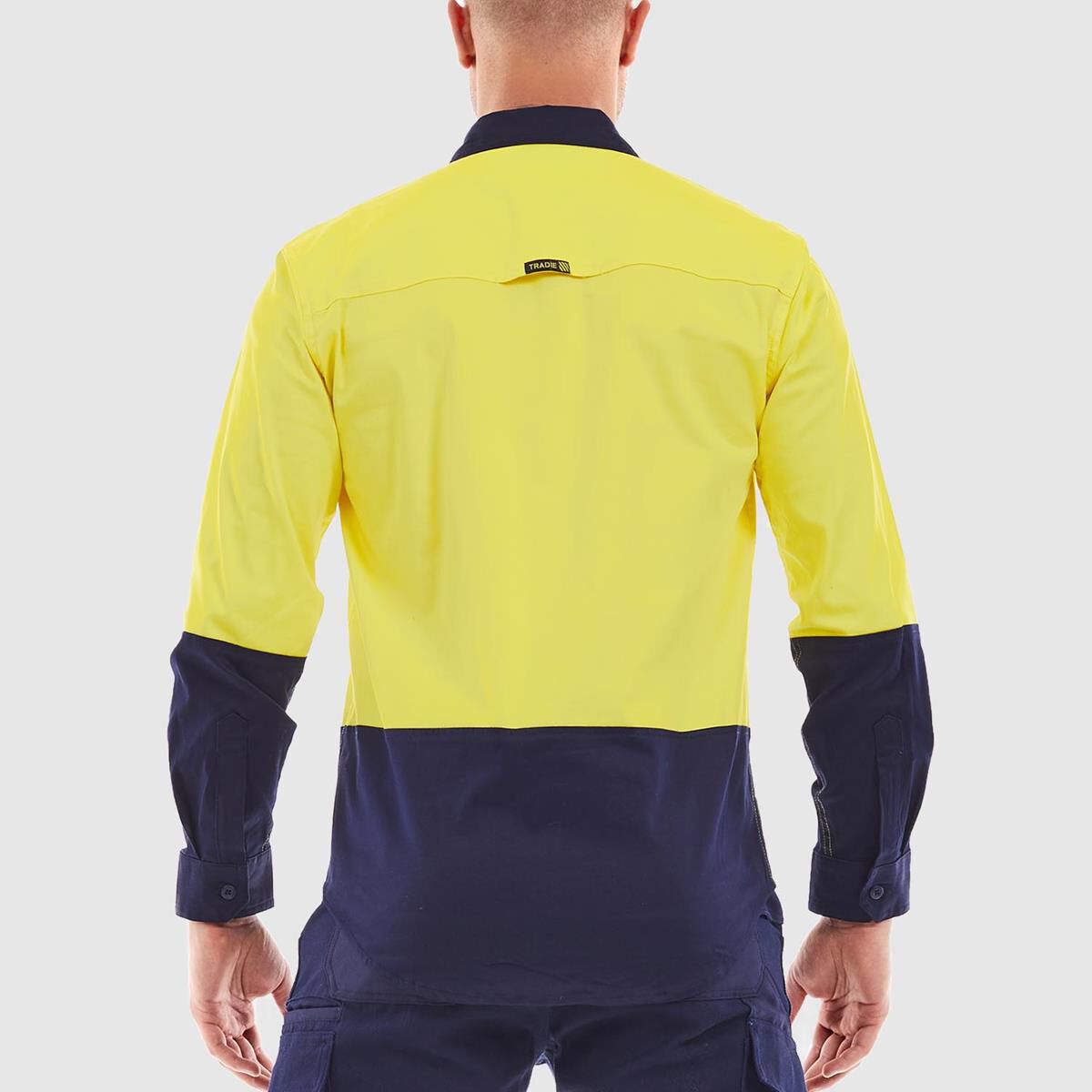 TRADIE FLEX LONG SLEEVE SHIRT HI VIS YELLOW/NAVY L, , scaau_hi-res