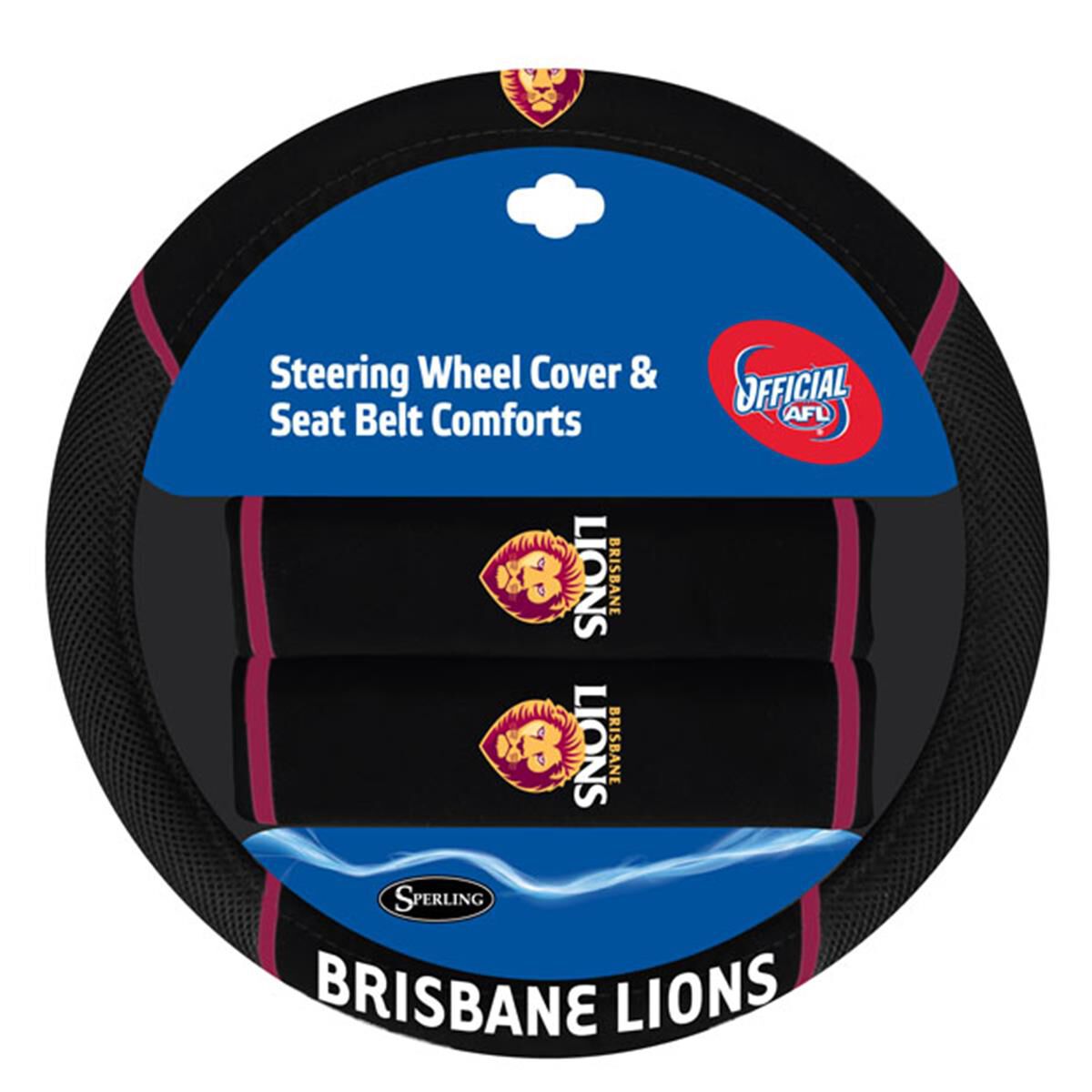 AFL Steering Wheel Cover And Seat Belt Buddies Lions 380mm