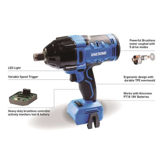 KINCROME PT18 18V BRUSHLESS 3/4" 1625 NM IMPACT WRENCH SKIN, , scaau_hi-res