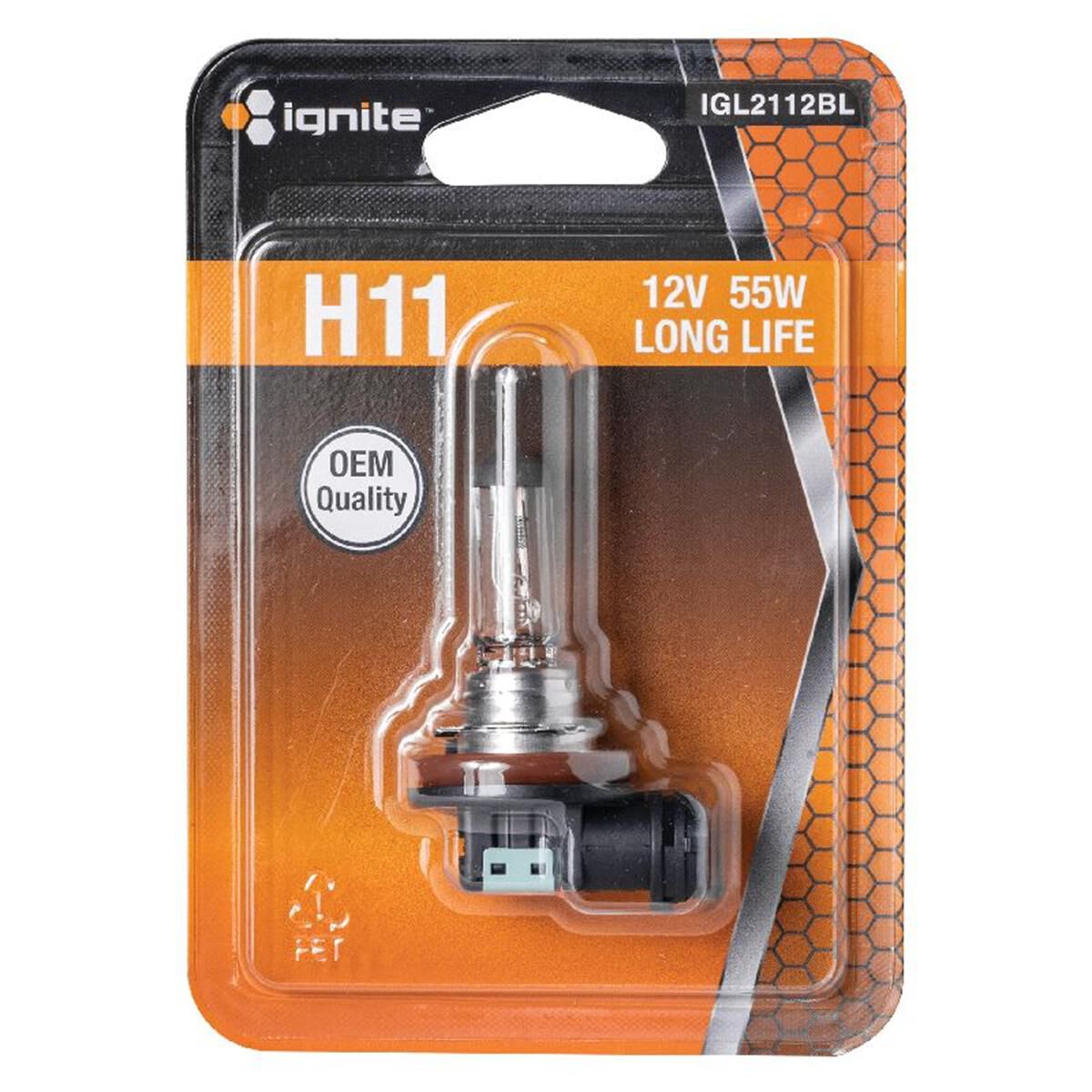 PKT1 H11 HALOGEN GLOBE 12V 55WPGJ19-2BASE LONG LIFE BLISTER, , scaau_hi-res