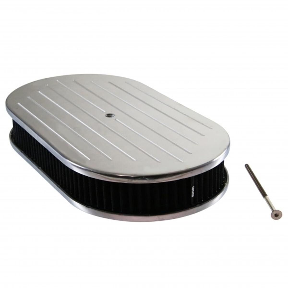 Oval Alloy Air Cleaner 12x8-1/4 Ball Milled Top suit Holley with Black Washable Filter, , scaau_hi-res