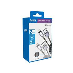 LASER MFI LIGHTNING TO USB-A CABLE 2 PACK – 2M, NYLON BRAIDED, FAST CHARGE, SILVER/BLACK, , scaau_hi-res