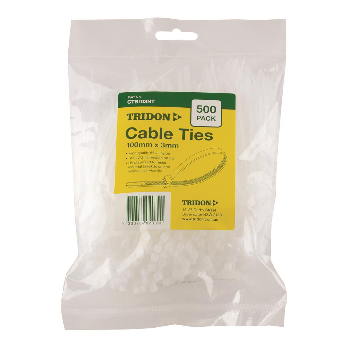 Tridon Cable Ties Natural, 100mm, 500 Pack, 3mm, CTB103NT