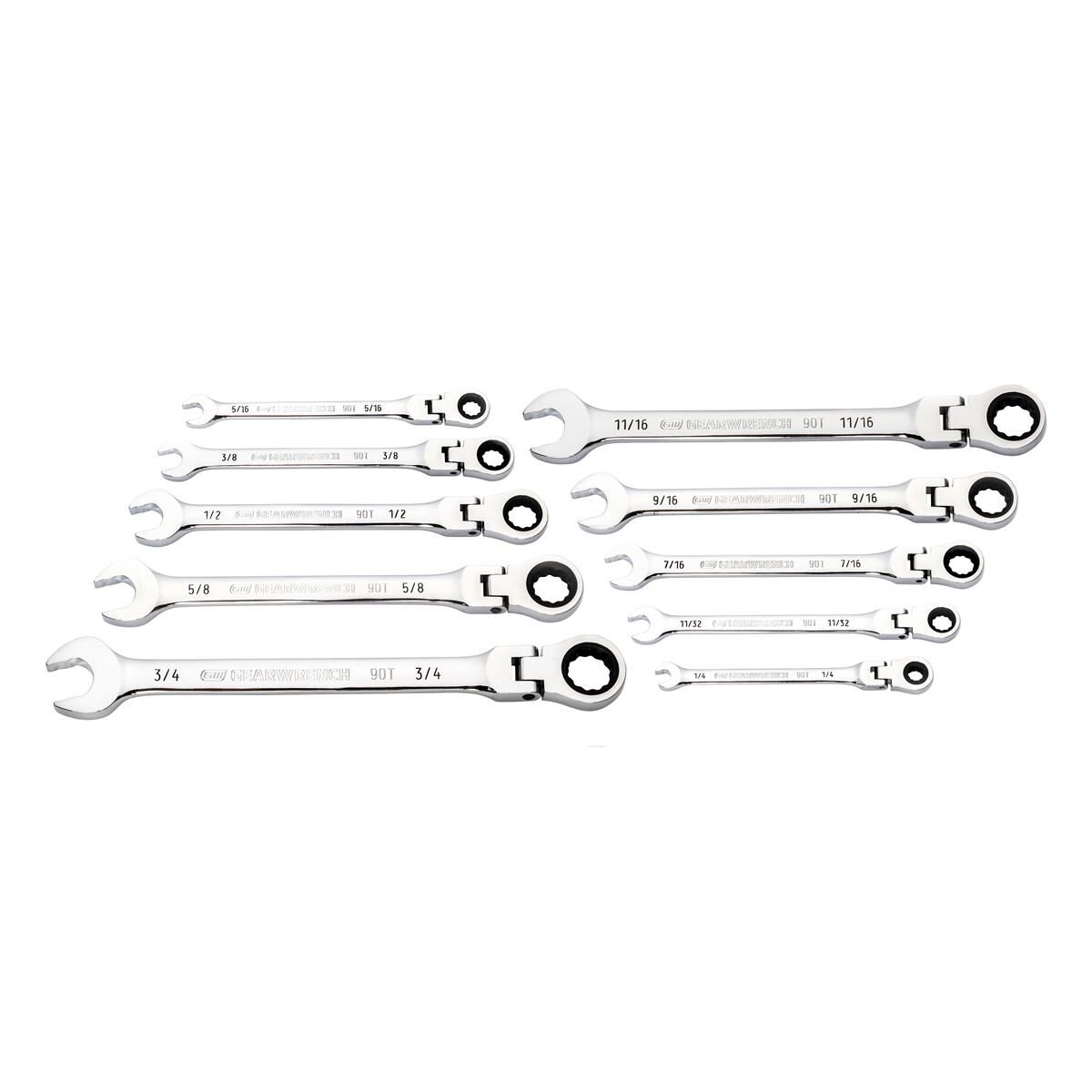 10 PIECE 90-TOOTH 12 POINT FLEX HEAD RATCHETING COMBINATION SAE WRENCH SET, , scaau_hi-res
