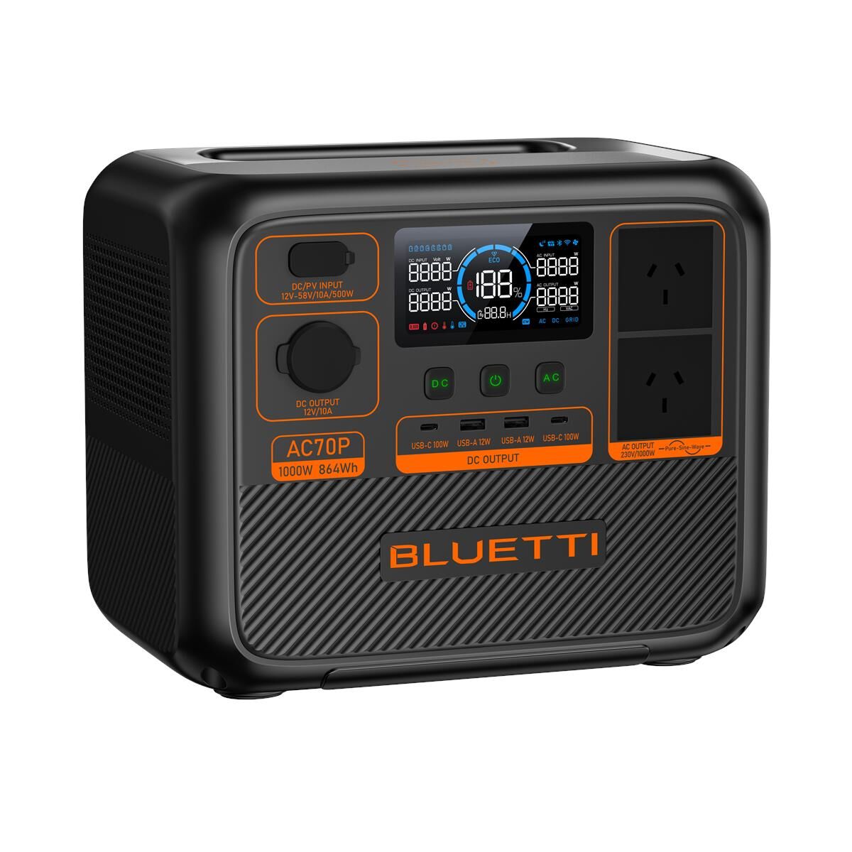 BLUETTI AC70P PORTABLE POWER STATION 1000W 864WH, , scaau_hi-res