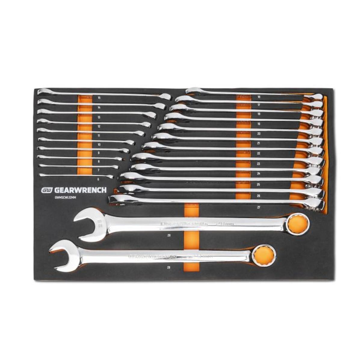 24 PIECE 12 POINT LONG PATTERN COMBINATION METRIC WRENCH SET IN FOAM STORAGE TRAY, , scaau_hi-res