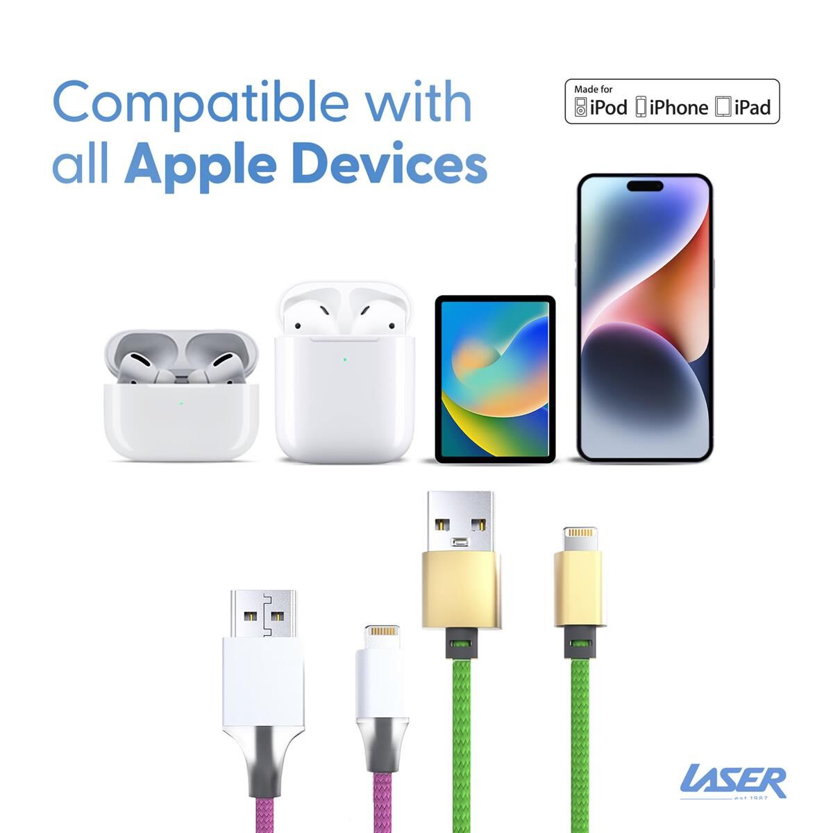 LASER MFI LIGHTNING TO USB-A CABLE 2 PACK &ndash; NYLON BRAIDED, 2M, FAST CHARGE, APPLE CERTIFIED, , scaau_hi-res
